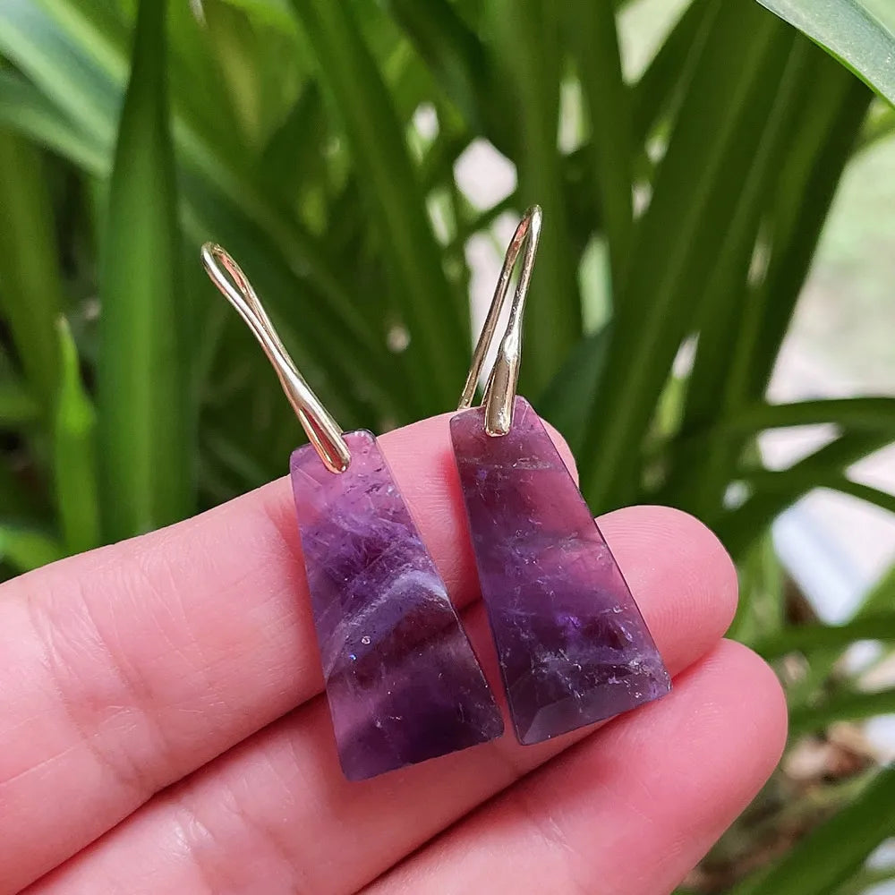 Natural Crystal Geometric Drop Earrings, Amethyst Rose Quartz Healing Tassel Jewelry