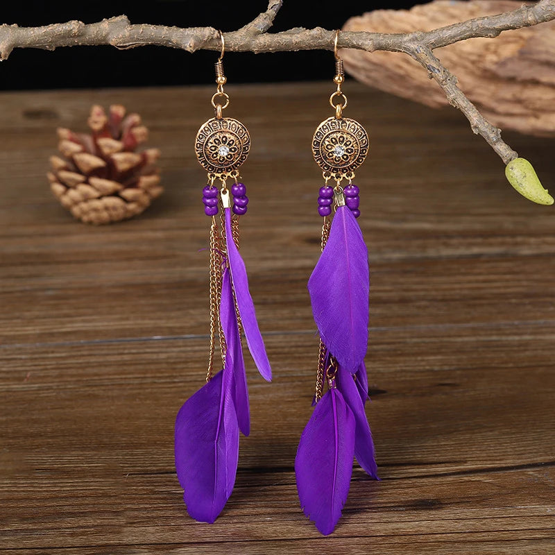 Feather Crystal Flower Bead Long Earrings Jewelry