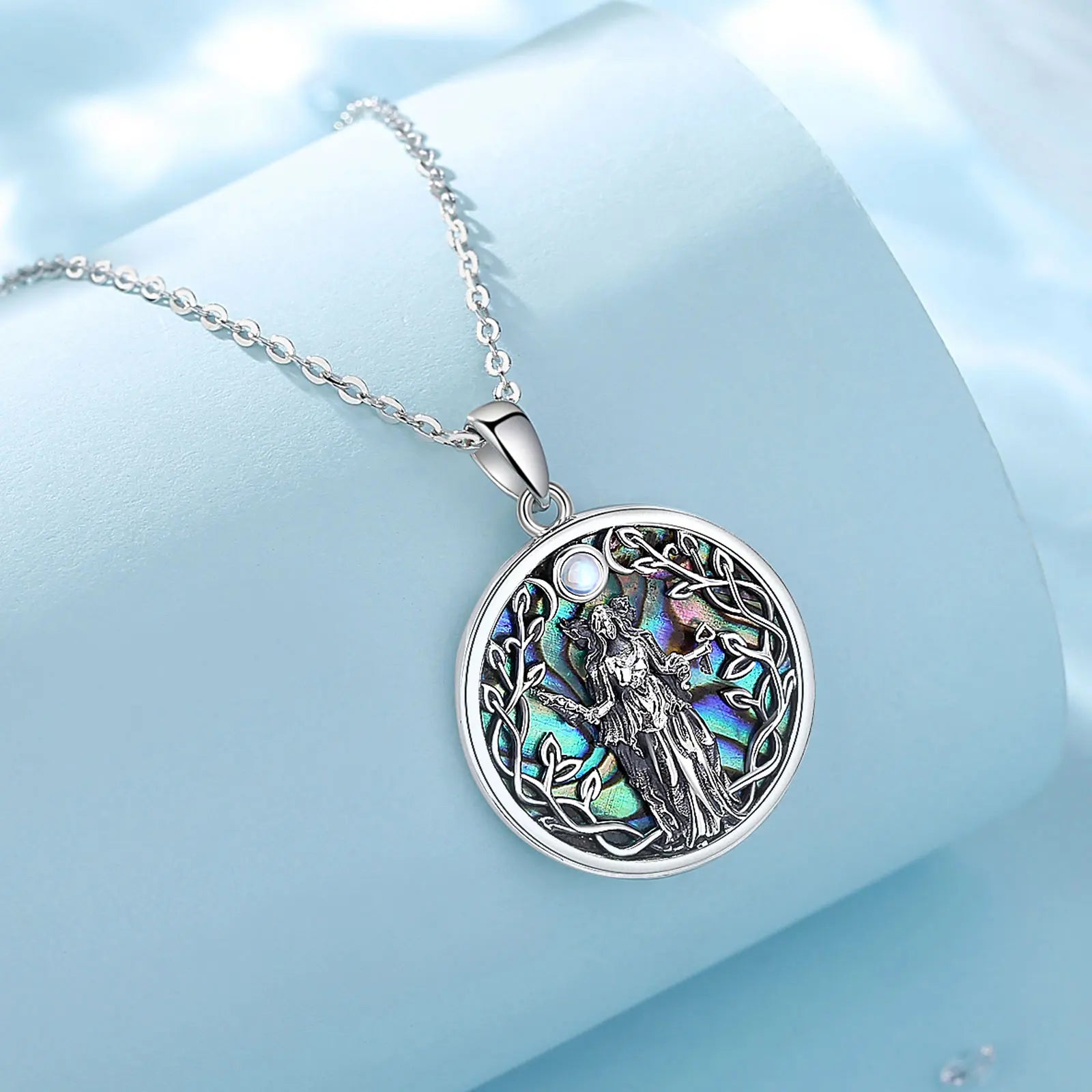 S925 Sterling Silver Triple Moon Goddess Pendant Necklace, Hecate Natural Abalone Amulet