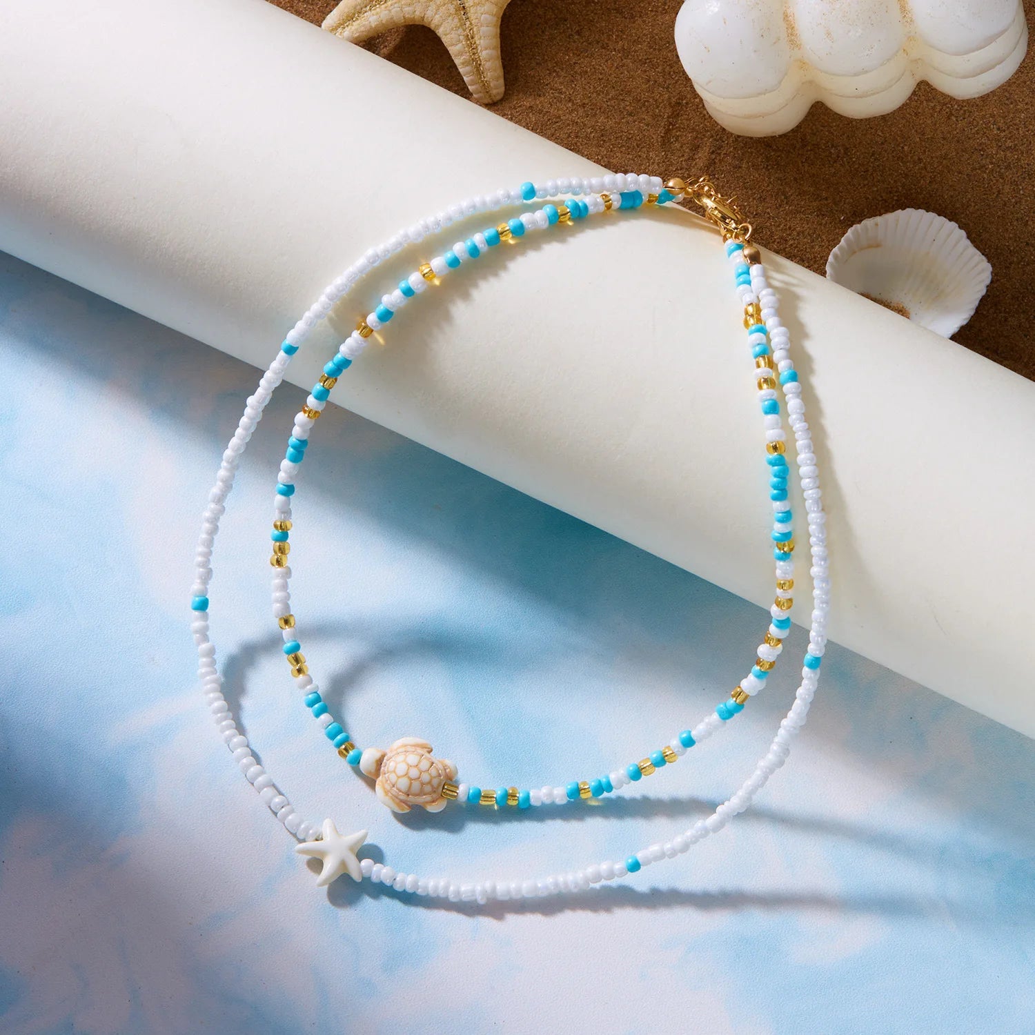 Starfish, Sea Turtle and Conch Beaded Layered Necklace