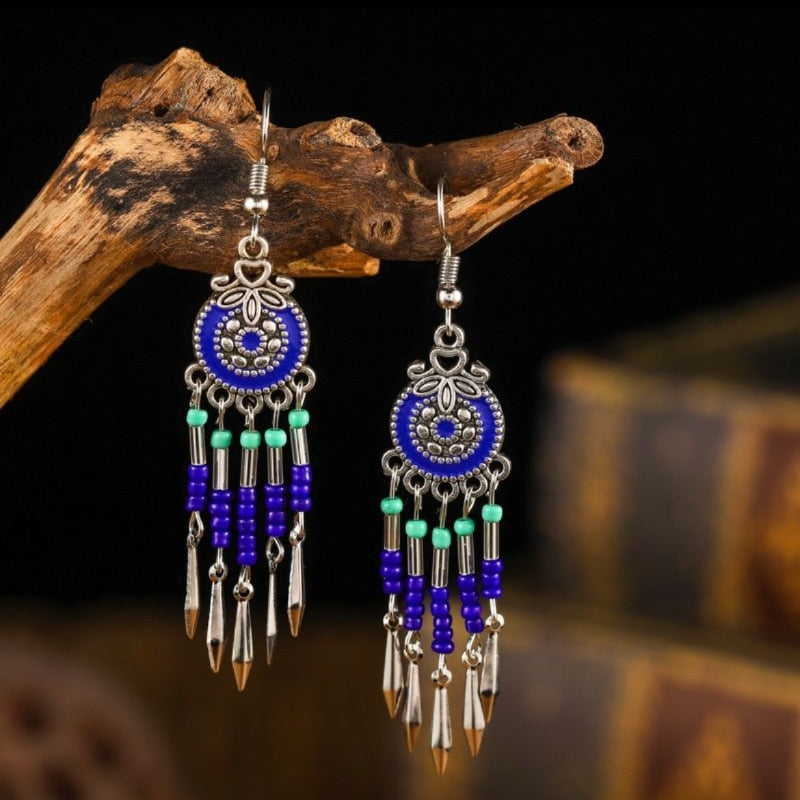 Vintage Bohemian Ethnic Style Earrings Long Rice Bead Tassel Earrings FOR WOMEN Alloy Dripping Oil Long Tassel Earrings - Charlie Dolly