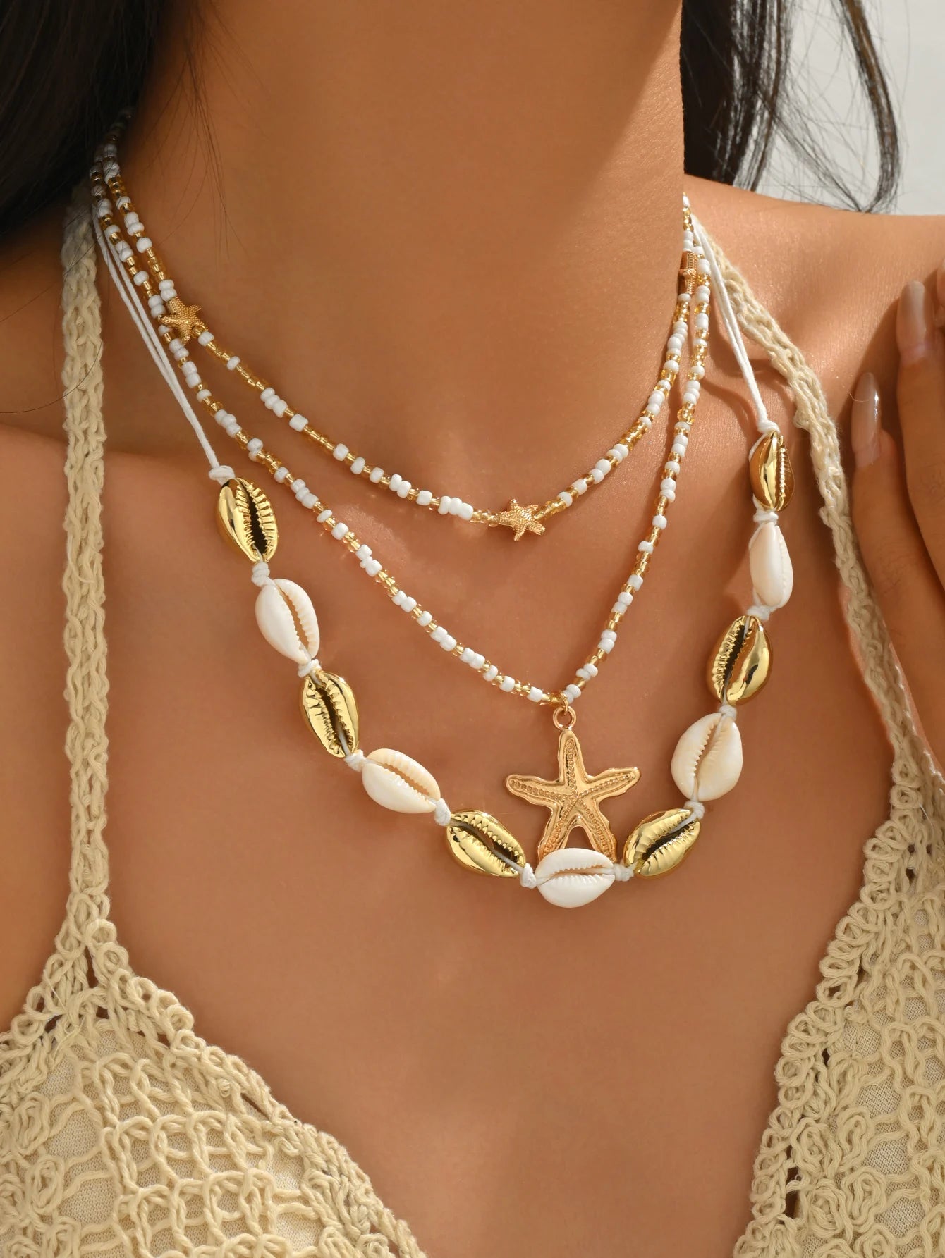 Three Layered Cowrie Shell and Starfish Boho Necklace