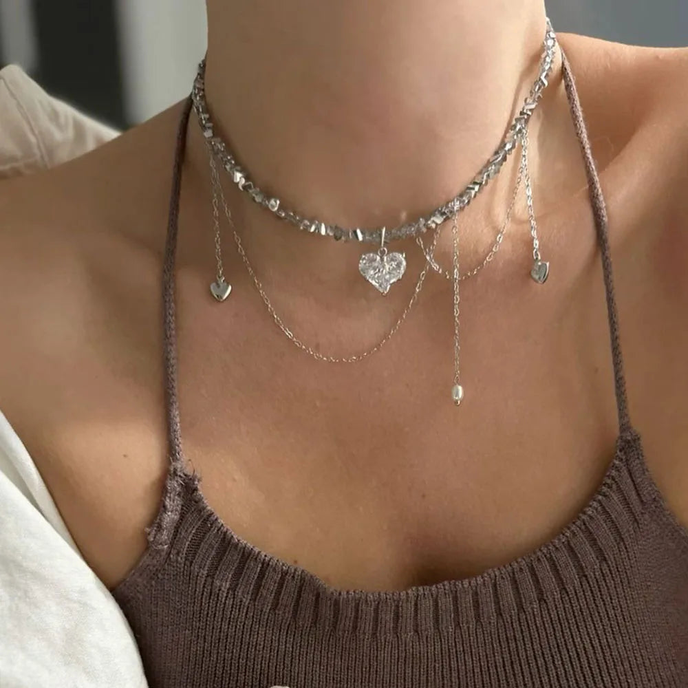 Geometric Crystal Zircon Heart Bead Necklace Jewelry
