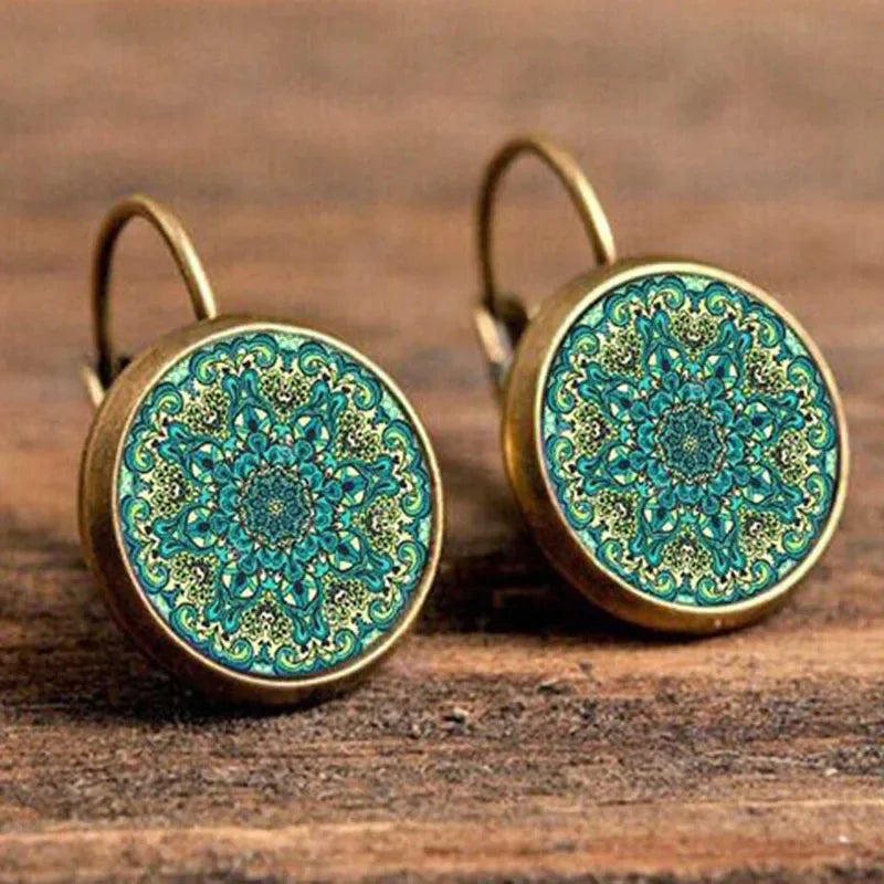 Vintage Flower Pattern Round Drop Earrings, Bohemian Boho Jewelry