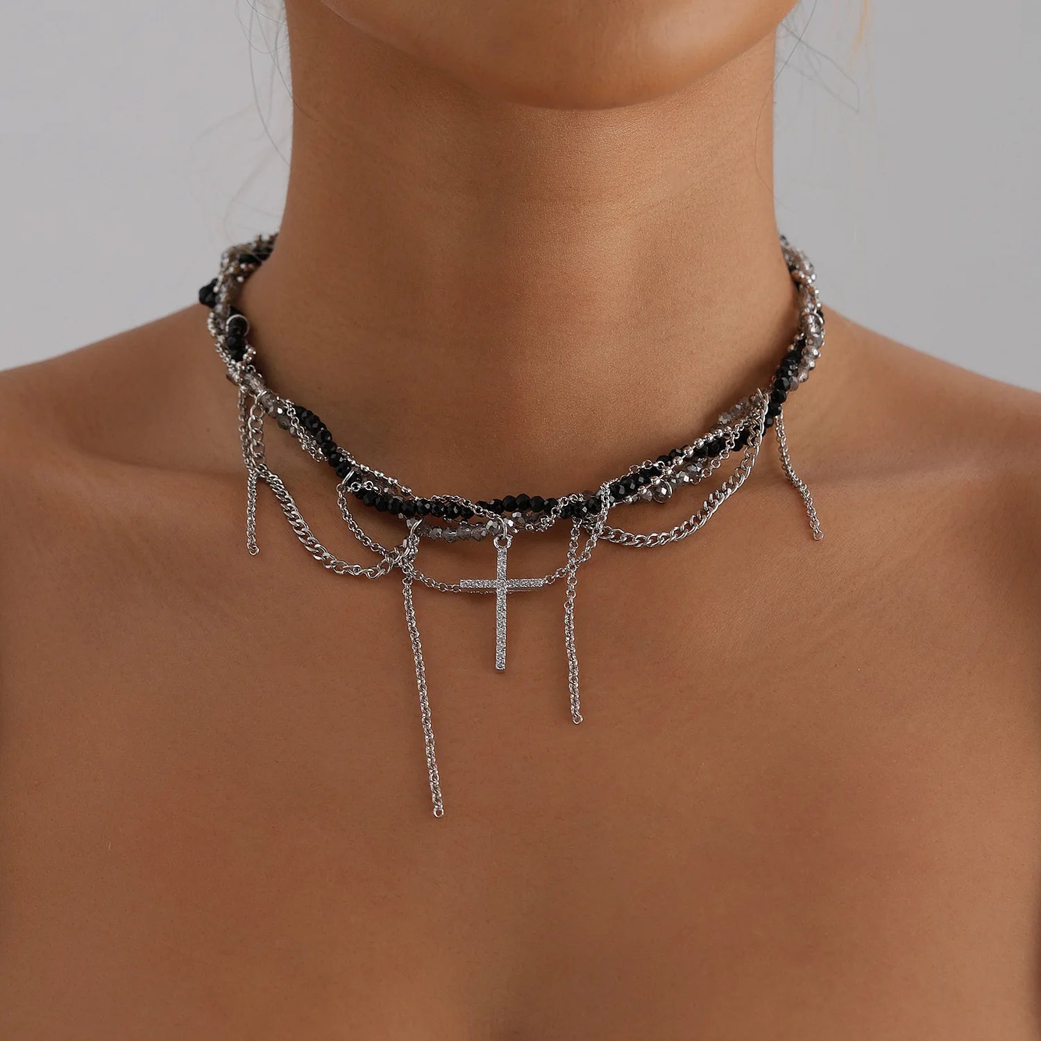 Cross Pendant Crystal Bead Choker Necklace Jewelry