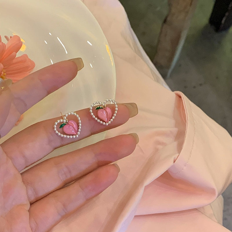 Summer Peach Earrings Female Niche Design Lovely Sweet Versatile Pearl Love Earrings Birthday Party Gift Accessories