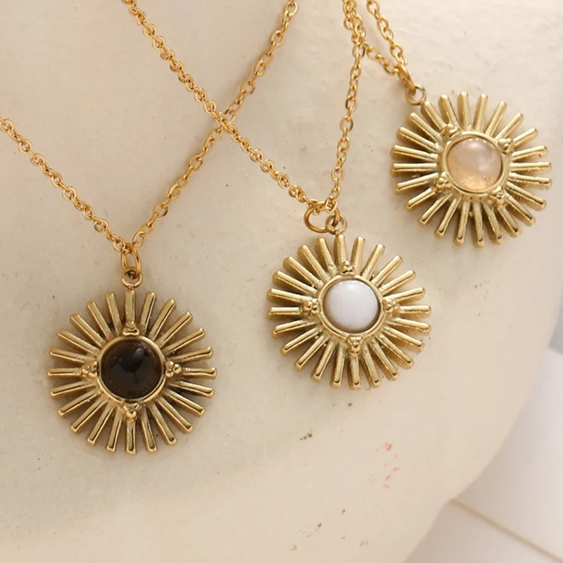 Boho Natural Stone Sun Flower Necklace for Women Bohemian Retro Stainless Steel Necklace Choker Necklaces Fashion Jewelry - Charlie Dolly