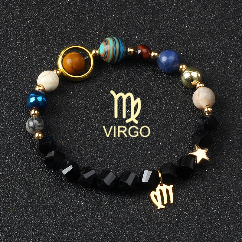 Eight Planets & Twelve Zodiac Beaded Bracelet, Natural Stone Cosmic Astrology Talisman