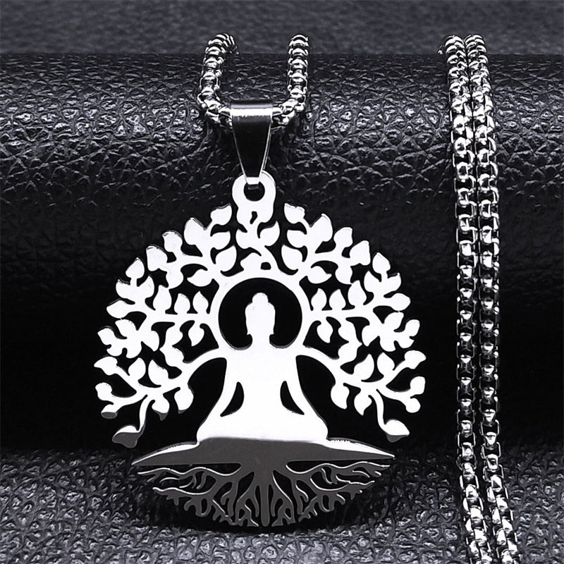 Buddhism Meditation Buddha Yoga Pendant Necklace Stainless Steel Tree of Life Necklace Buddhist Jewelry collares para mujer