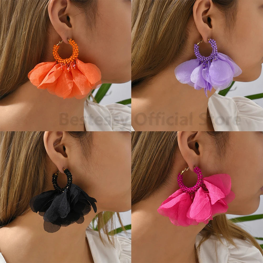 Cotton Flower Petal Beaded Tassel Earrings Jewelry