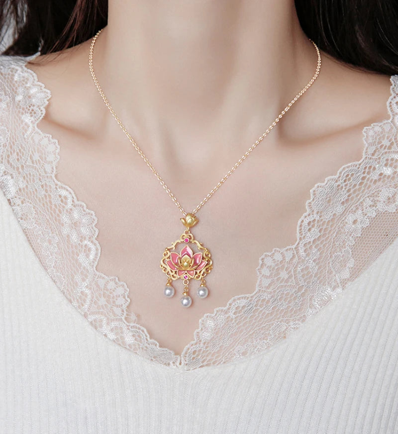 Pink Lotus Ruyi Lock & Pearl Tassel Enamel Necklace, Buddhist Blessing Talisman