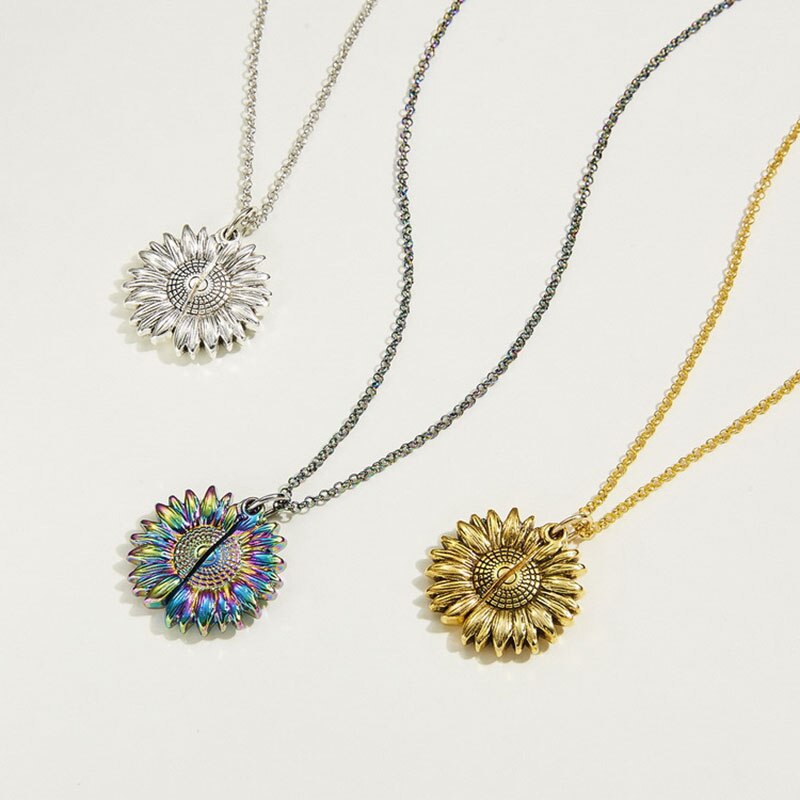 You Are My Sunshine Vintage Sunflower Pendant Double-layer Open Locket Sunflower Sweater Necklaces for Women Mother Jewelry Gift