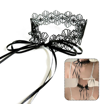 Black Lace Choker For Women Girls Gothic Bowknot Choker With Long Ribbon Lolita Clavicle Chain Necklace Halloween Jewelry Gift - Charlie Dolly