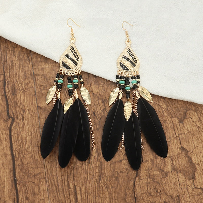 Boho Long Feather Dangle Women's Earrings Beach Long Tassel Beads Handmade Flower Enamel Earrings Bride Wedding Pendientes Mujer