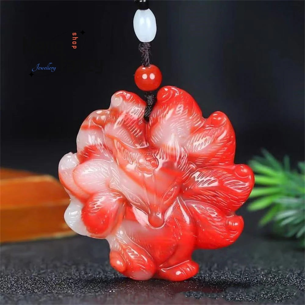 Nine-Tailed Fox Hetian Jade Pendant, Kitsune Sacred Amulet Necklace