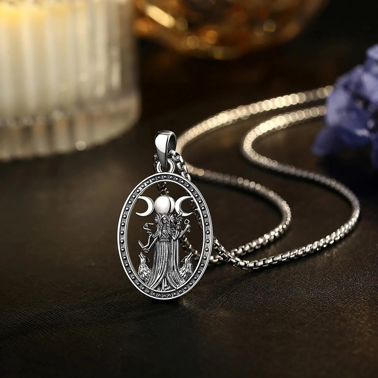 Hecate Triple Moon Goddess Necklace, S925 Sterling Silver