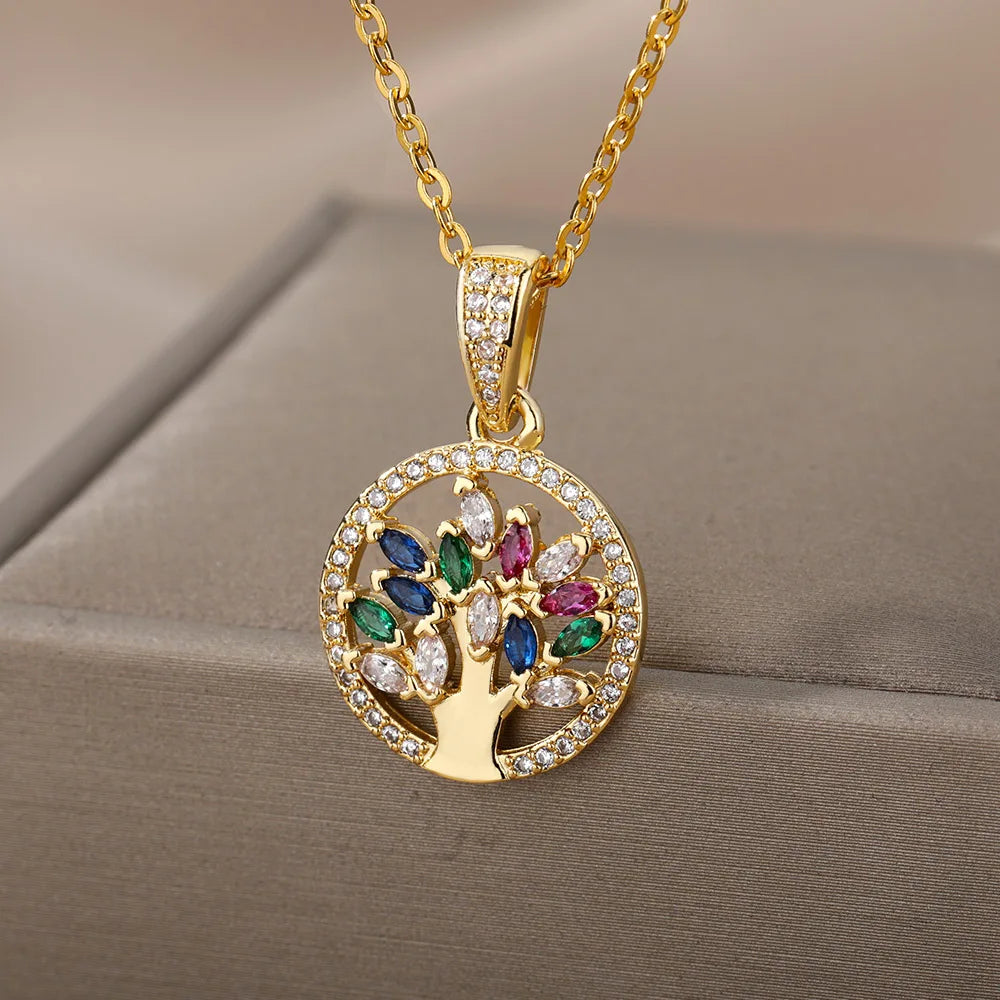 Tree of Life Pendant Necklace, Stainless Steel Long Chain Sacred Geometry Talisman