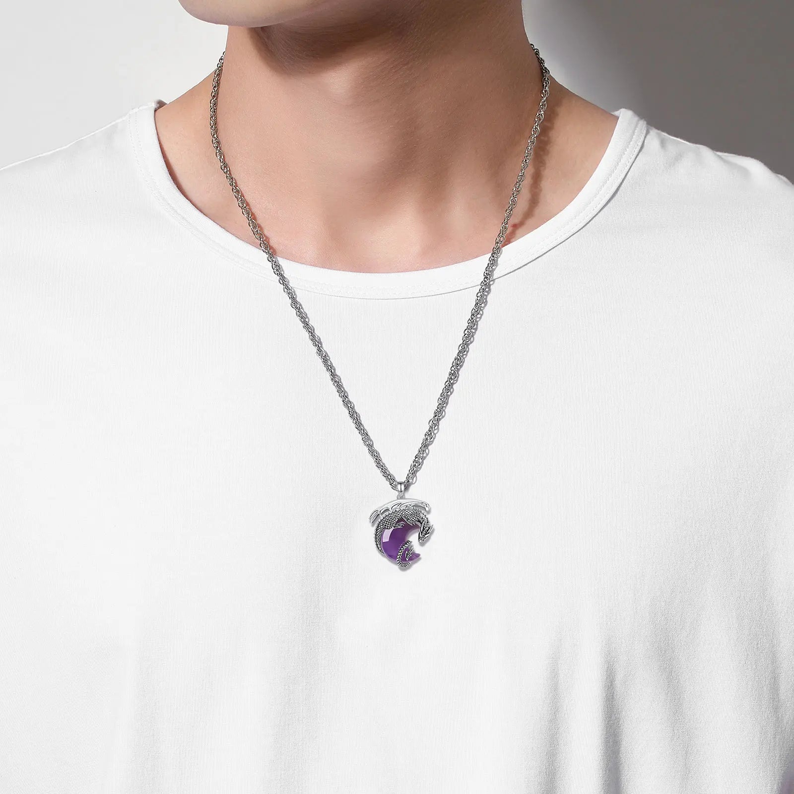 Natural Amethyst Dragon Crescent Moon Pendant Necklace, Healing Crystal Talisman