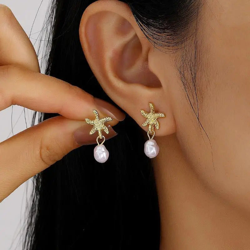 Pearl, Conch and Starfish Cute Boho Earrings