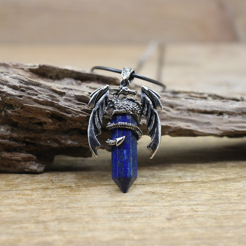 Quartz Dragon Man Necklace Gem Stone Healing Crystal Hexagonal Pendant Lapis Amethysts Animal Vintage Jewelry for Women