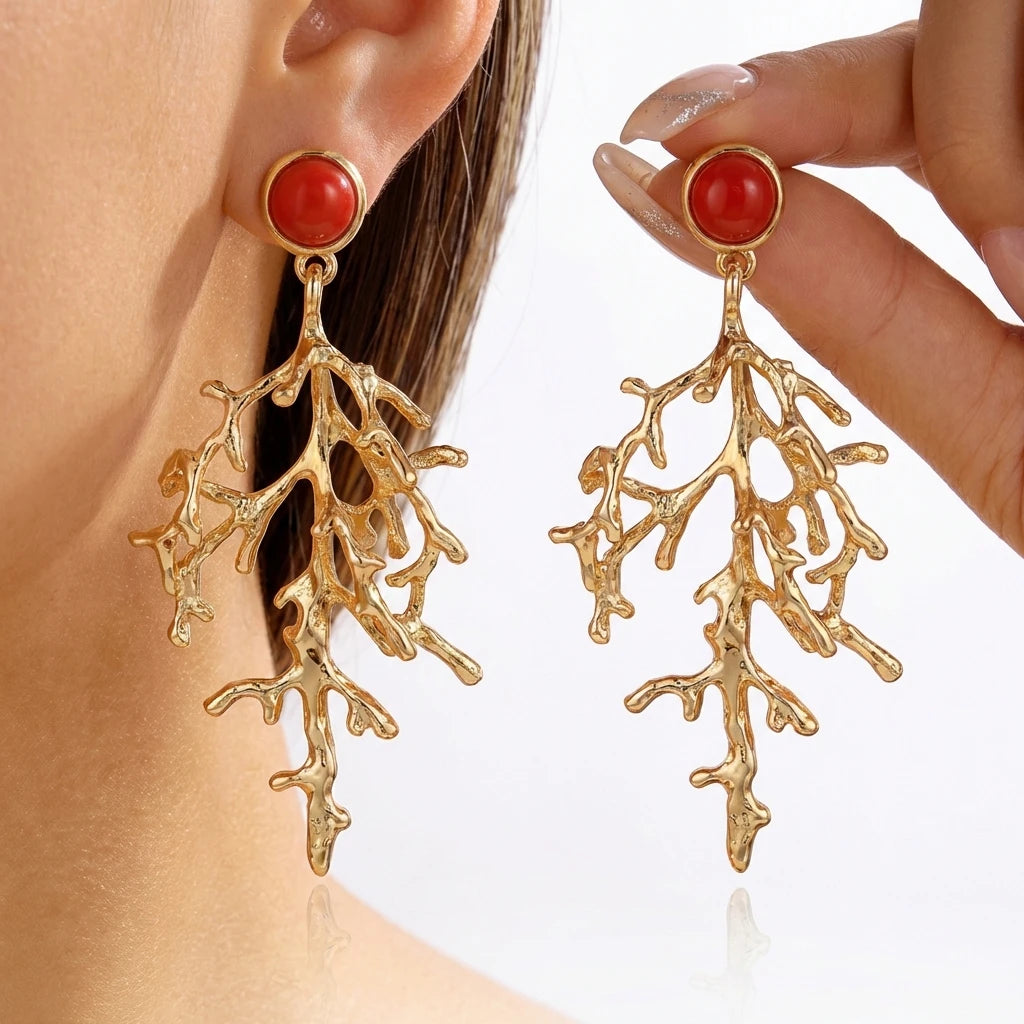 Gold Coral Branch Textured Dangle Earrings Jewelry