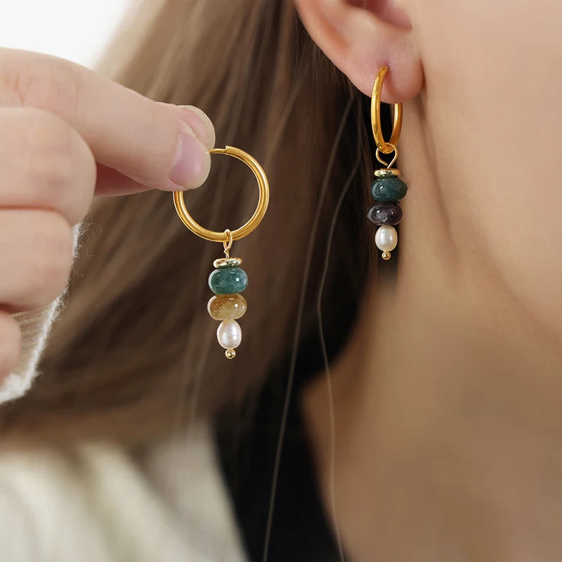Multi-Color Natural Stone Dangle Earrings, Waterproof Stainless Steel Boho Jewelry