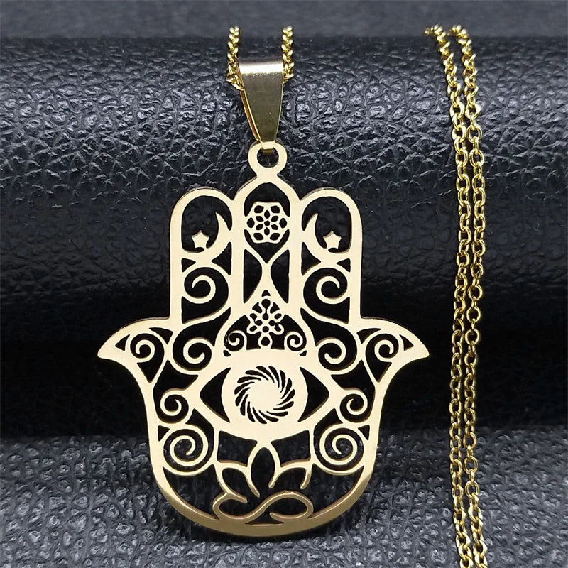 Hamsa Hand of Fatima & Lotus Interfaith Necklace, Muslim & Jewish Sacred Talisman