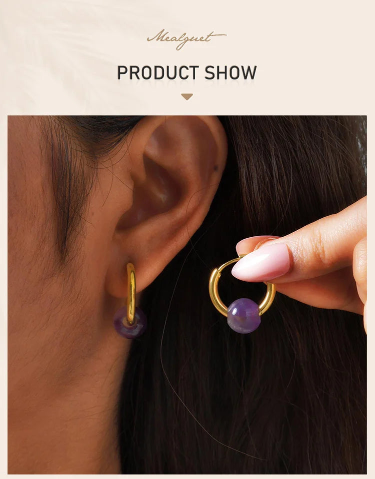 Natural Amethyst Beaded Hoop Earrings, Gold-Plated Stainless Steel Waterproof Jewelry