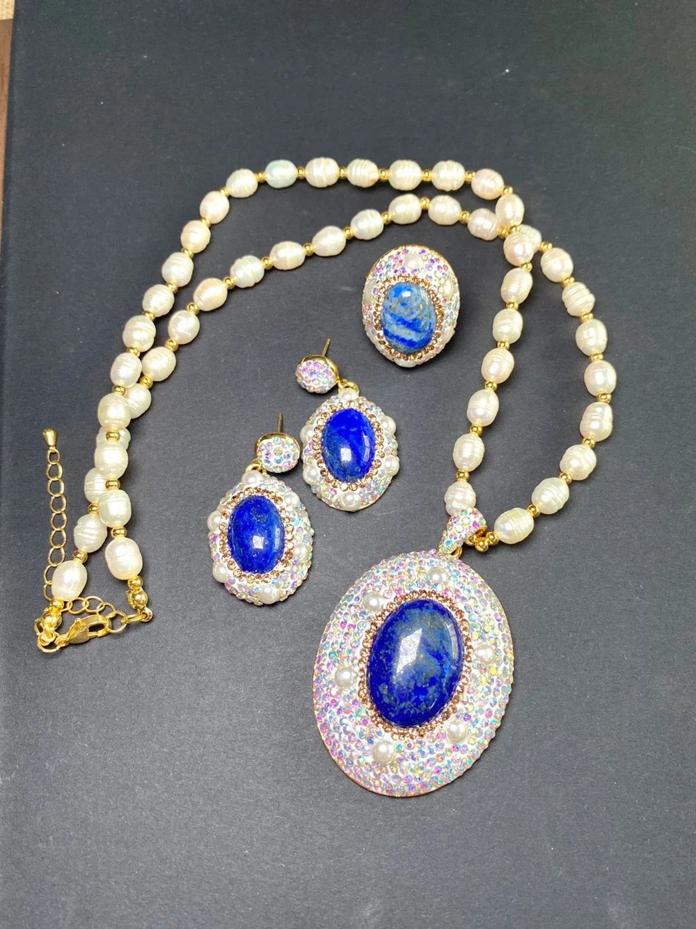 Unique Natural Lapis lazuli Gemstone Jewelry Set for Women AB Rhinestone Freshwater Pearl Quartz Necklace Rings Lady Dress Acces - Charlie Dolly