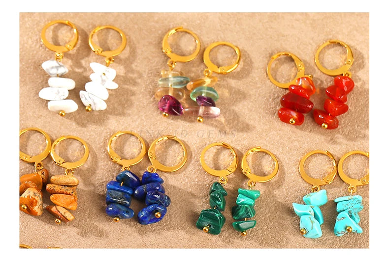 Raw Crystal Chip Dangle Hoop Earrings, Natural Gemstone Reiki Healing Boho Jewelry