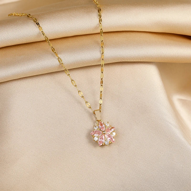 Pink Sakura Cherry Blossom Pendant Necklace, Stainless Steel Boho Nature Talisman