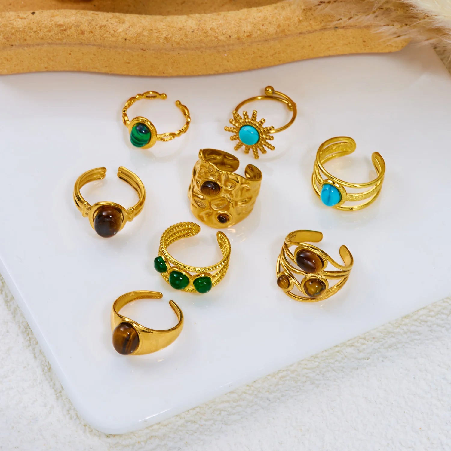 Vintage Boho Turquoise Tiger Eye Stone Rings For Women Stainless Steel Natural Stone Open Finger Ring Party Aesthetic Jewelry - Charlie Dolly