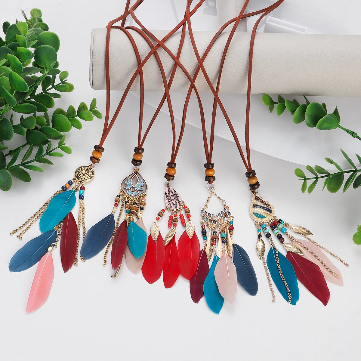Rope Bead Feather Pendant Long Necklace Jewelry