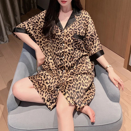Women Sexy Leopard Print Nightgown Lapel Short Sleeve Satin Silk Cardigan Nightdress Hot Nighty Summer Nightgowns Mini Pajamas - Charlie Dolly