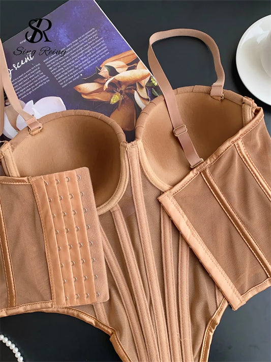 SINGREINY Fashion Solid Corset Lingerie Top Ladies Strap Sheer Mesh Slim Camisole American Retro Backless Beach Sexy Tank Top - Charlie Dolly