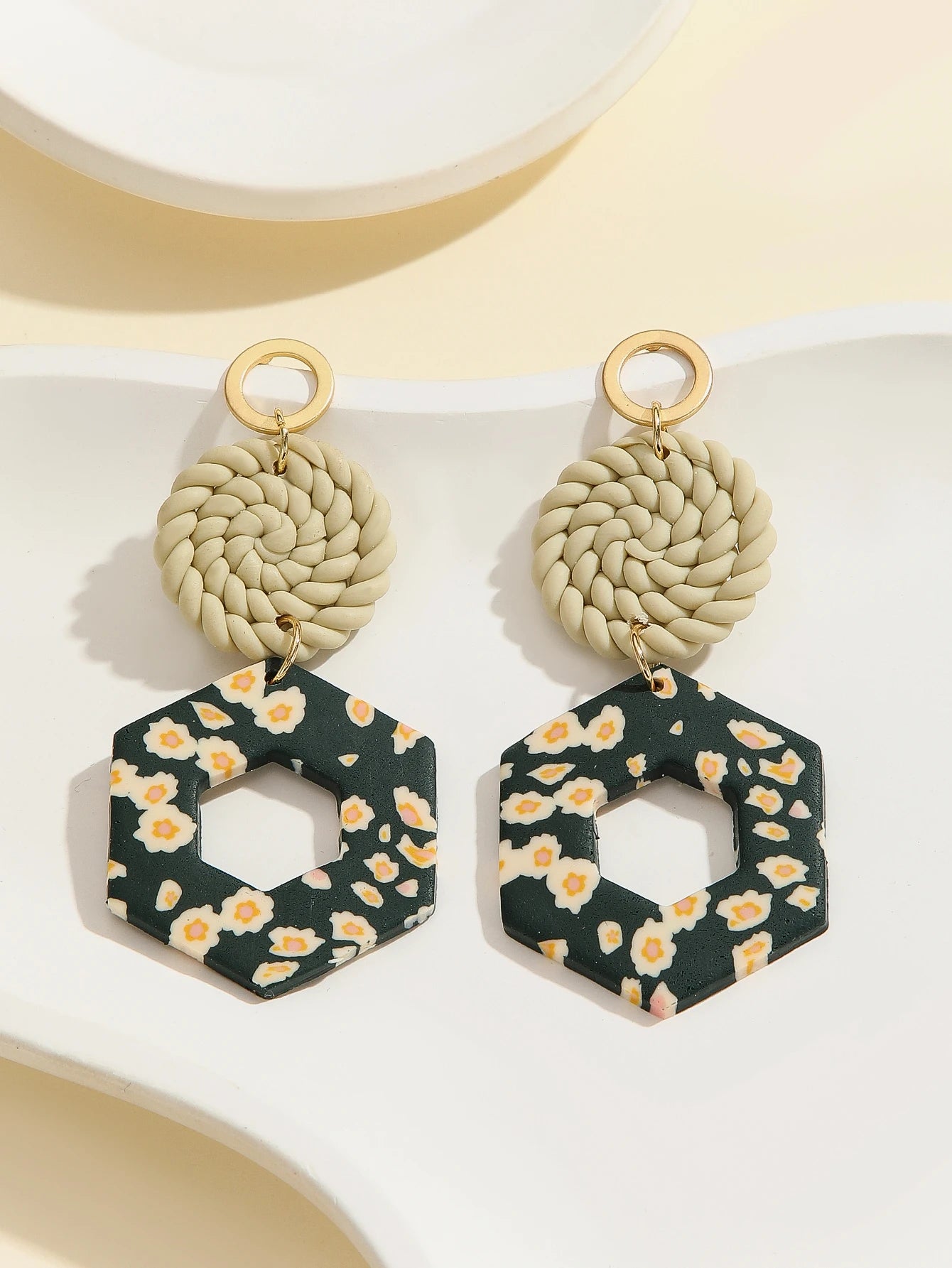 Floral Geometric Polymer Clay Statement Earrings Jewelry
