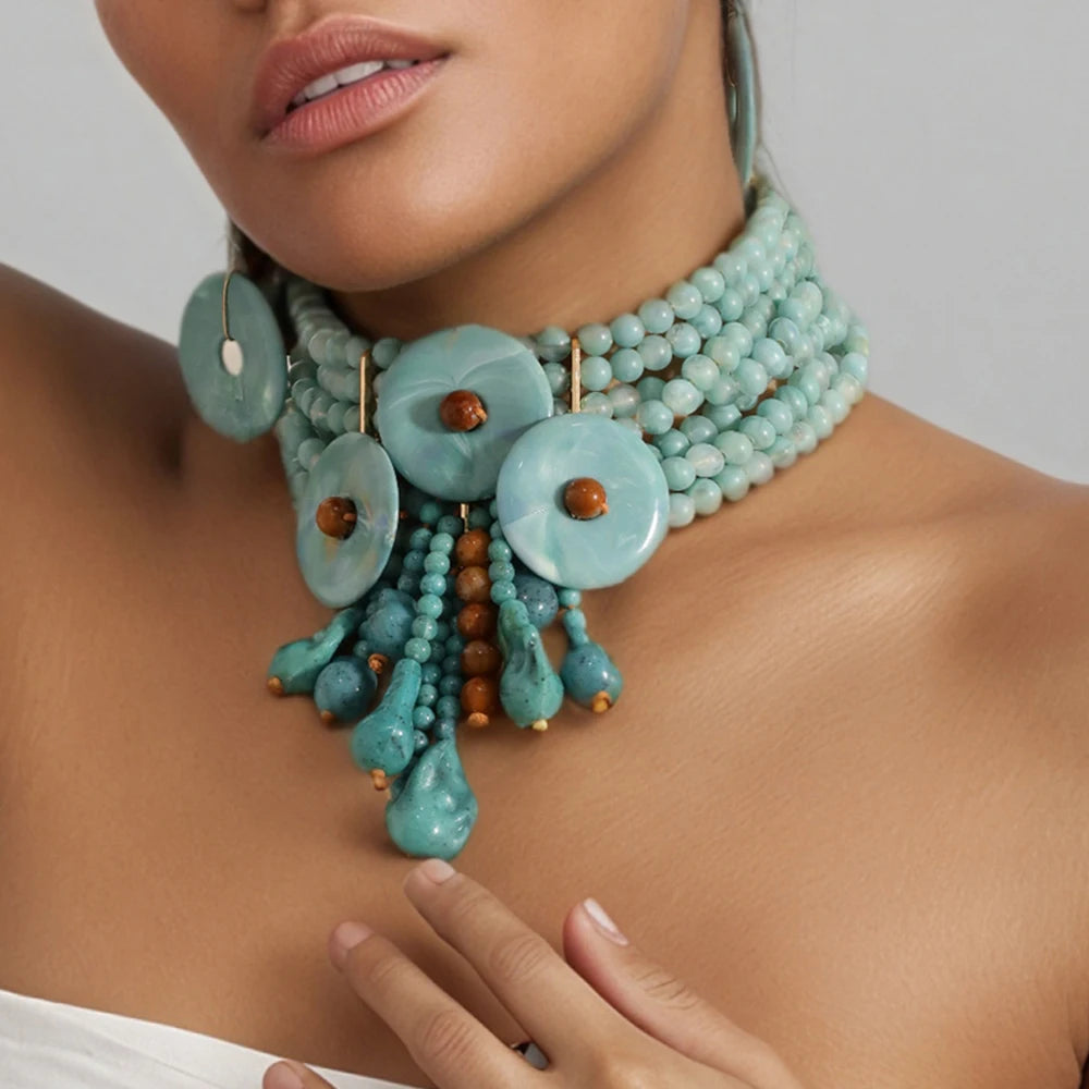 Beaded Multilayer Necklace Earring Set Jewelry
