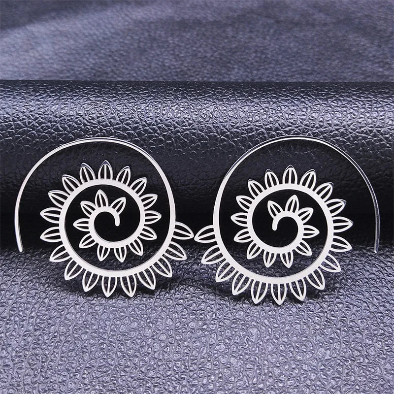 Mandala Spiral Steel Hoop Earrings Jewelry