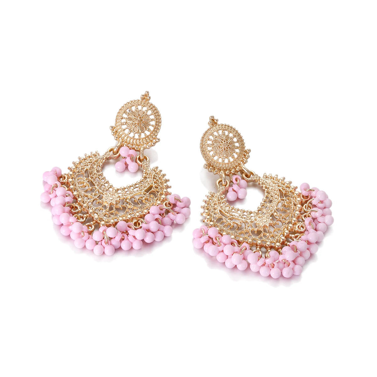 Gold Carved Heart Pink Bead Jhumka Earrings Jewelry