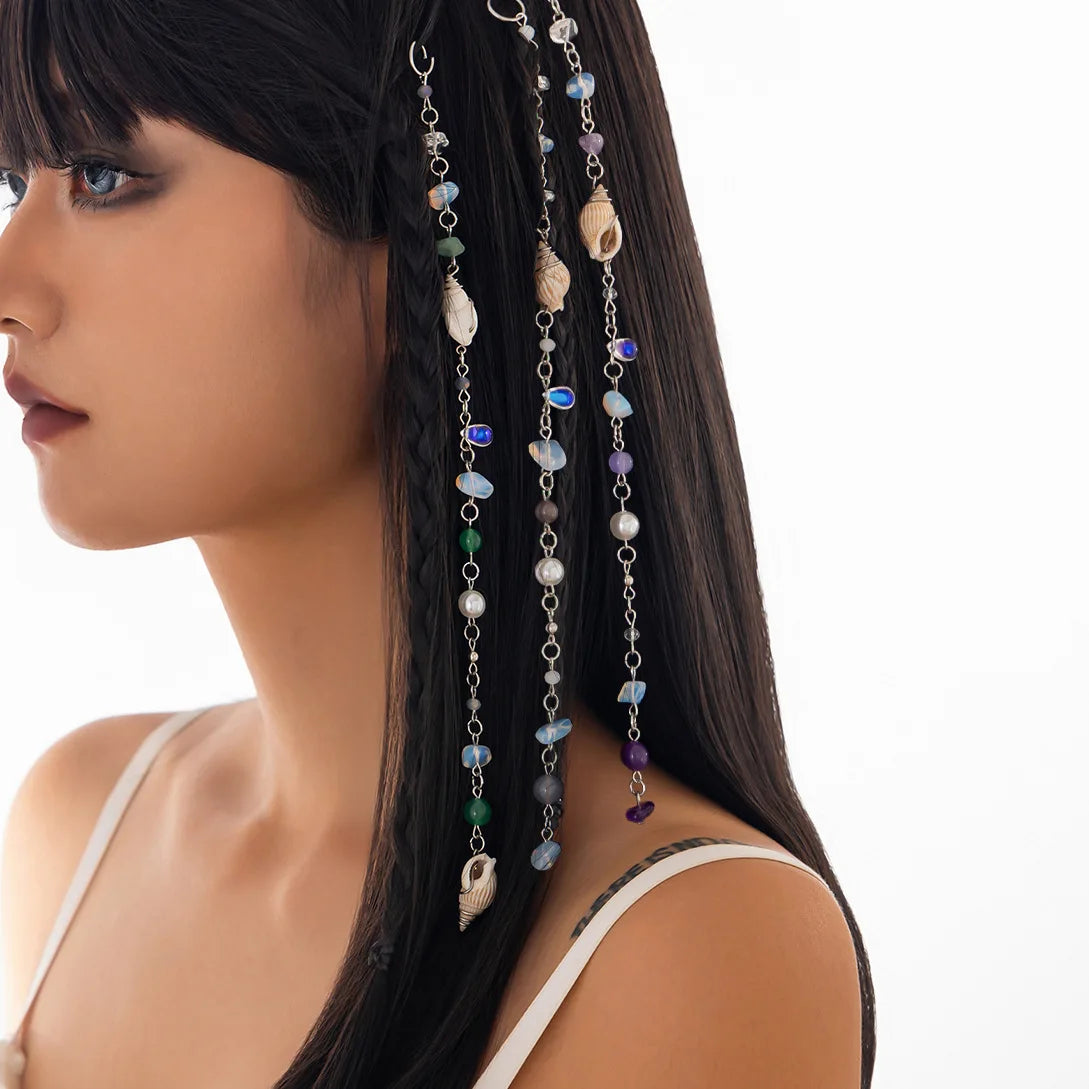 Boho Hair Chain Seashell & Drusy Fringe Hair Jewelry Natural Stone Braid Accent Beach Festival Hair Accessories - Charlie Dolly