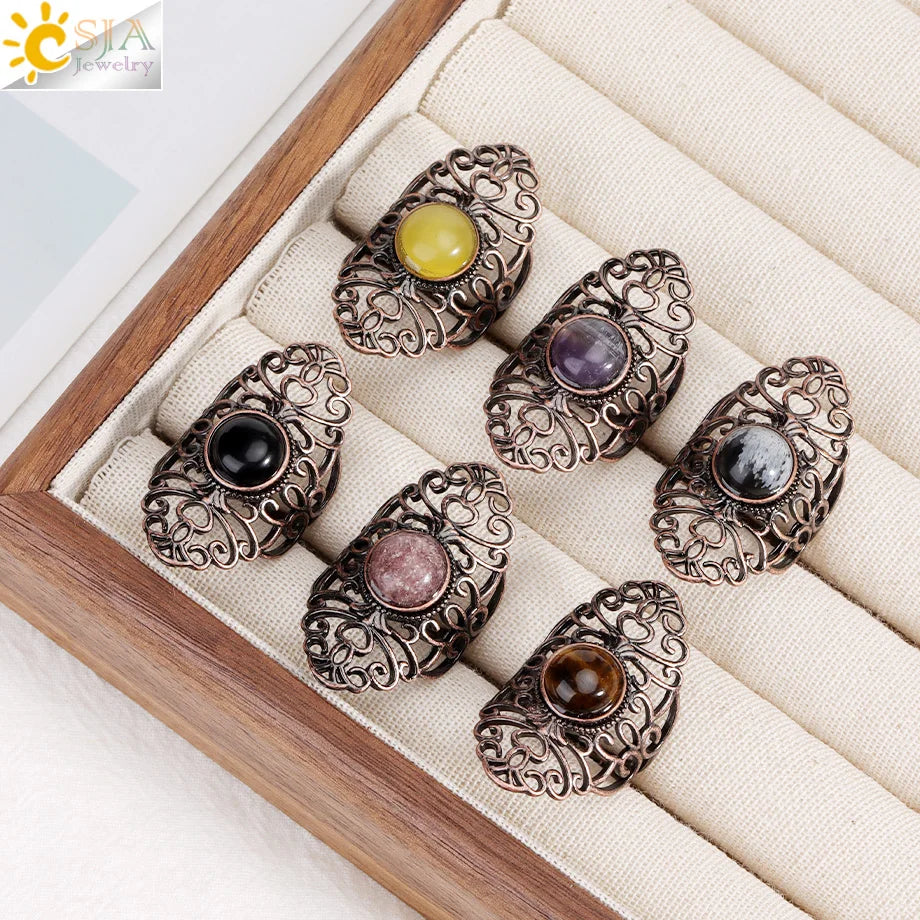 CSJA Vintage Silver Rings Natural Stone Amethyst Ring for Women Adjustable Design Handmade Fashion Jewelry Boho Accessories H765 - Charlie Dolly