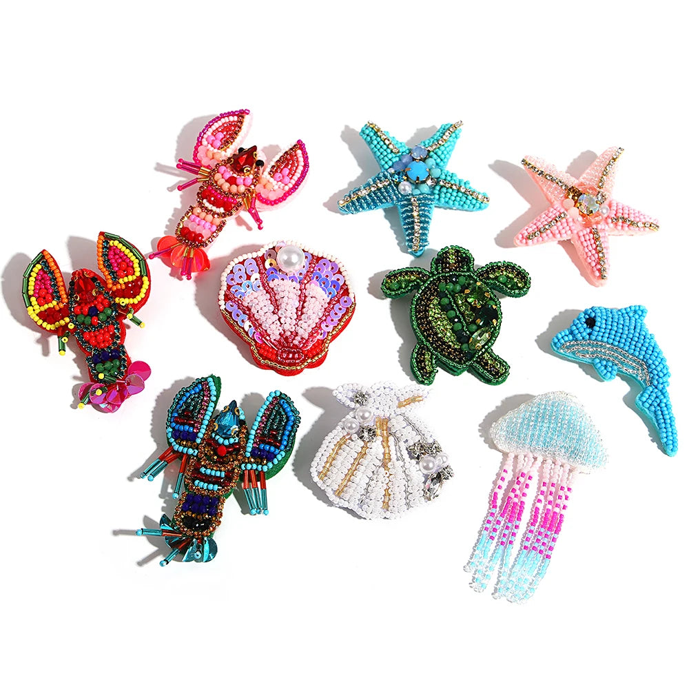 Boho Colorful Starfish, Lobster and Shell Beaded Brooch Pin