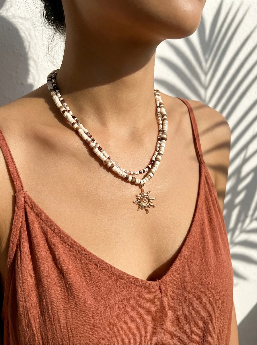 Coconut Shell and Wood Bead Sun Pendant Necklace Set (2 Pieces)