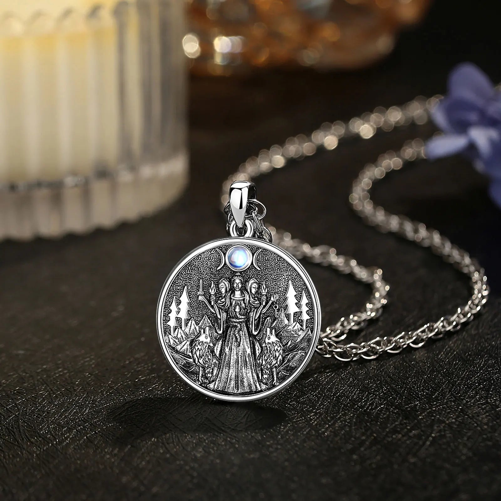 S925 Sterling Silver Hecate & Dog Pendant Necklace, Triple Moon Goddess Moonstone Amulet