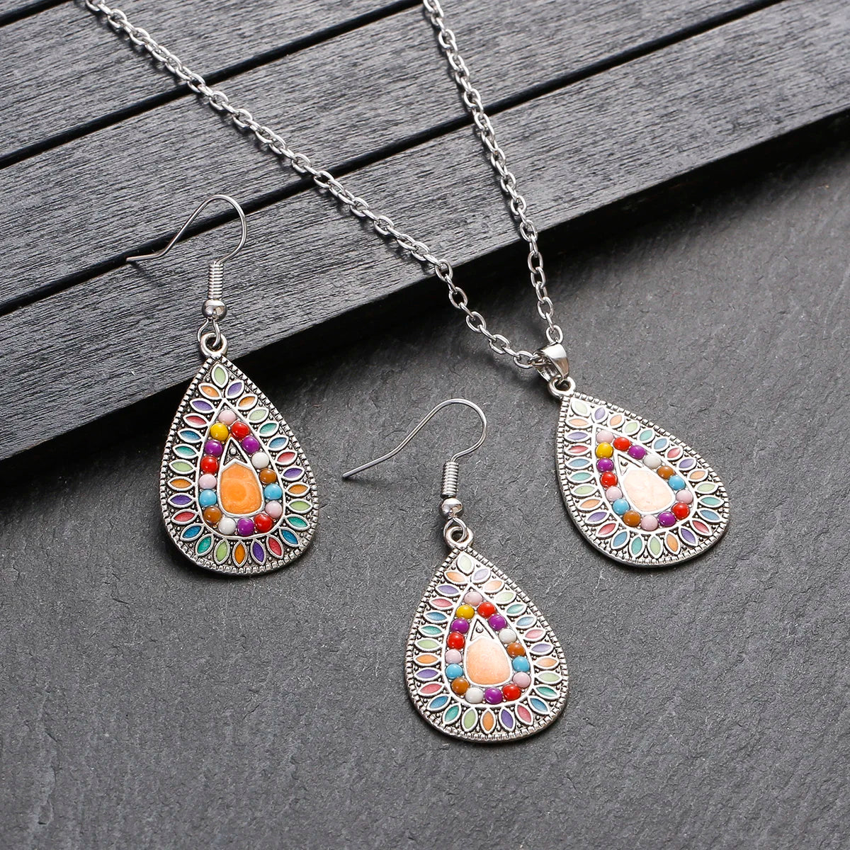 Colorful Bead Flower Necklace Earring Set Jewelry