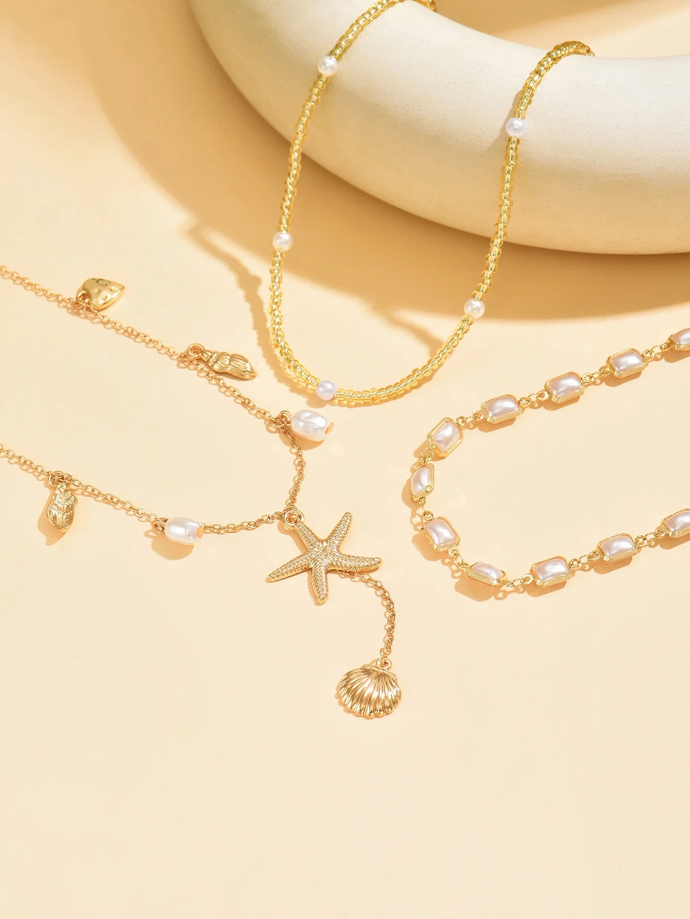 Cowrie Shell and Pearl Layered Boho Necklace Set (3 Pieces)