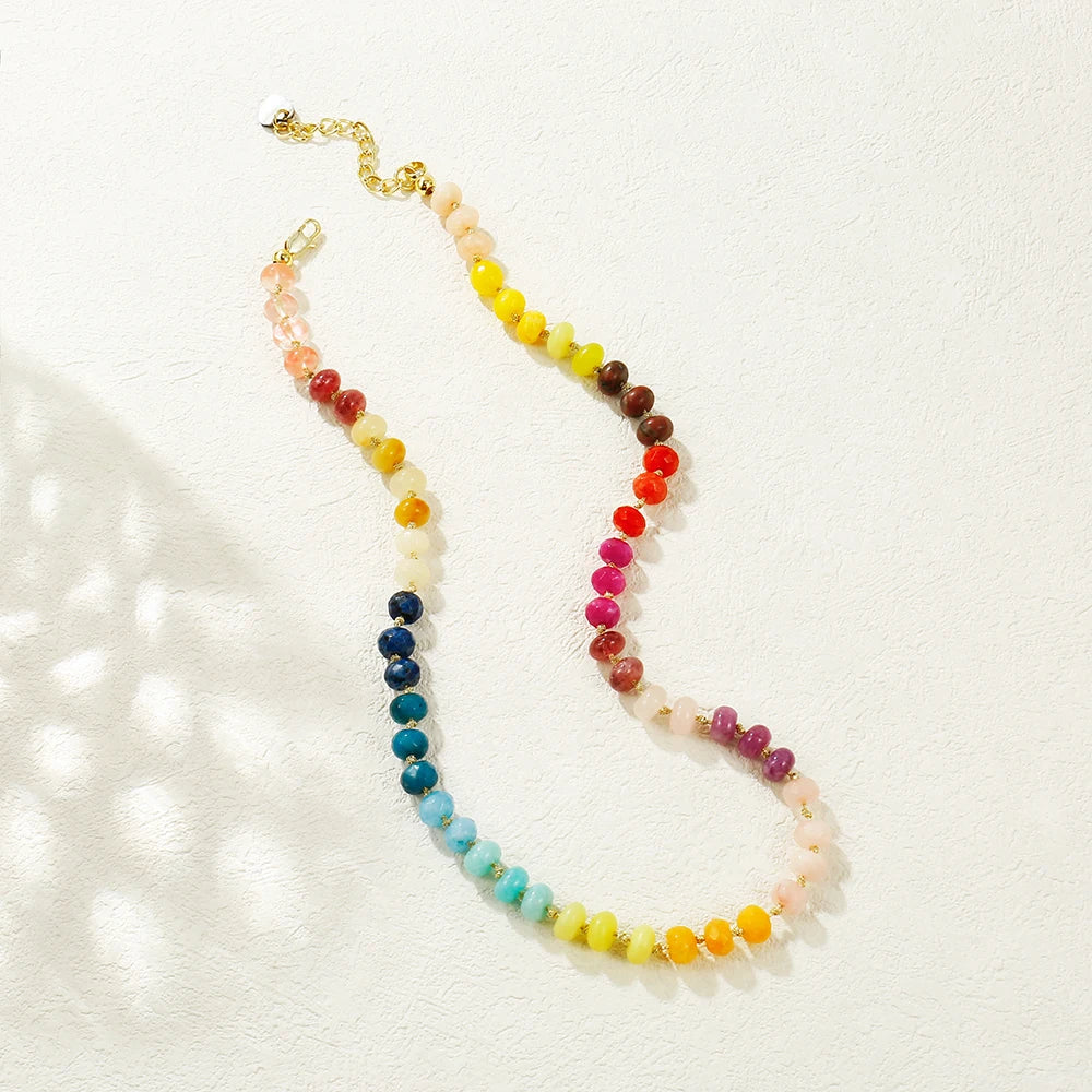 Badu Rainbow Gemstone Beaded Necklace Colorful Natural Stone Choker Necklace Summer Beach Vacation Women's Fashion Boho Jewelry - Charlie Dolly