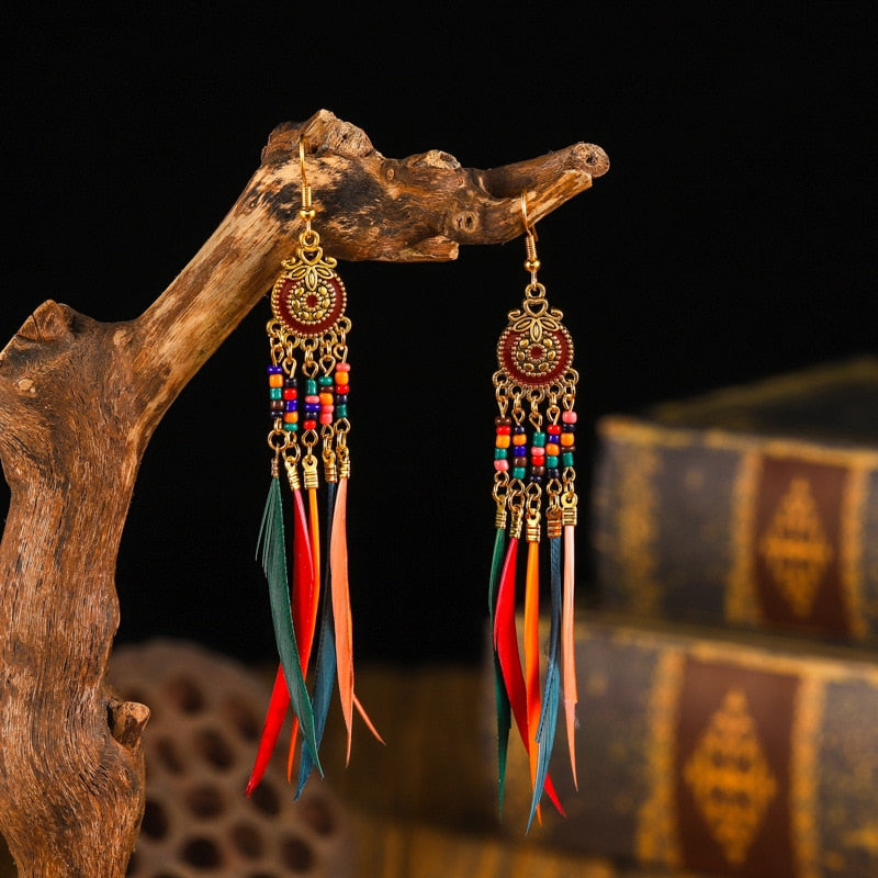 Vintage Bohemian Ethnic Style Earrings Long Rice Bead Tassel Earrings FOR WOMEN Alloy Dripping Oil Long Tassel Earrings - Charlie Dolly
