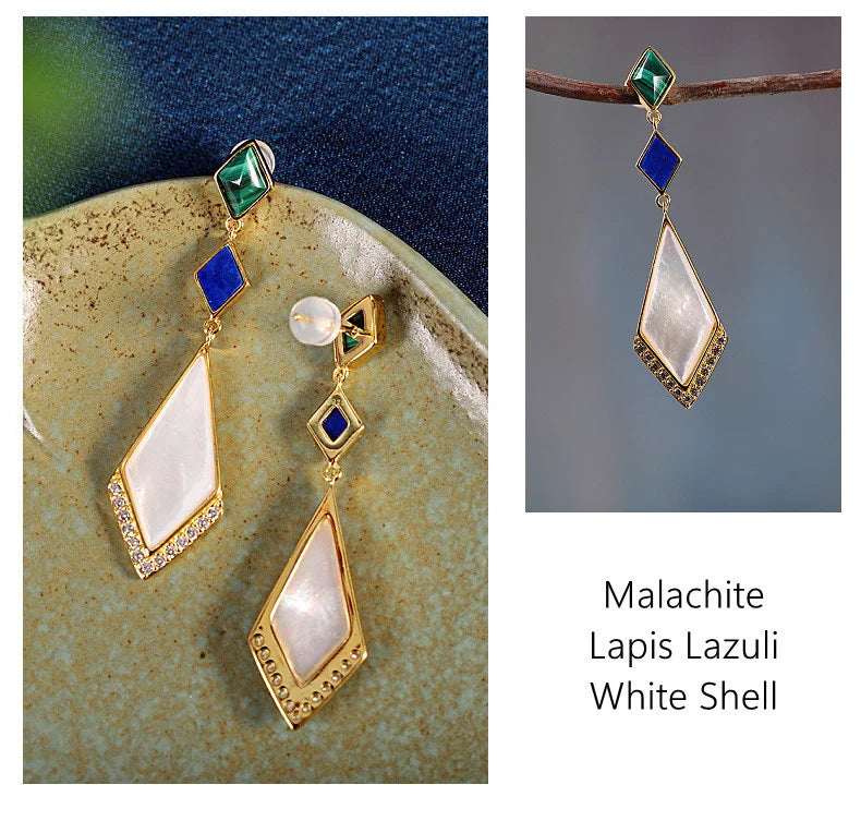 GEEZENCA Malachite Lapis Lazuli Shell 925 Silver Dangle Earrings For Women Unusual Geometric Natural Stone Drop Earring Gift - Charlie Dolly