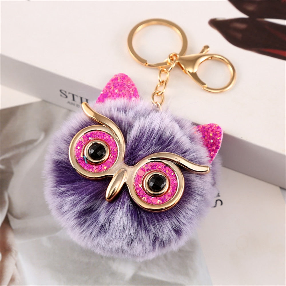 Cartoon Plush Owl Keychain With Sequin Girls Backpack Ornaments Fashion Soft Fluffy Pompom Animal Key Rings For Ladies Gifts